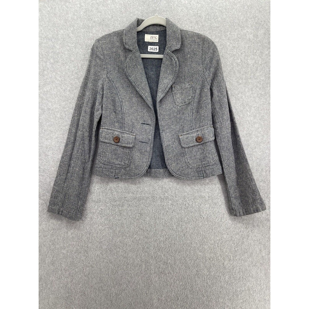 ZINC Women's Blazer Knit Micro Chevron Gray Medium Knit Linen Blend Long Sleeve